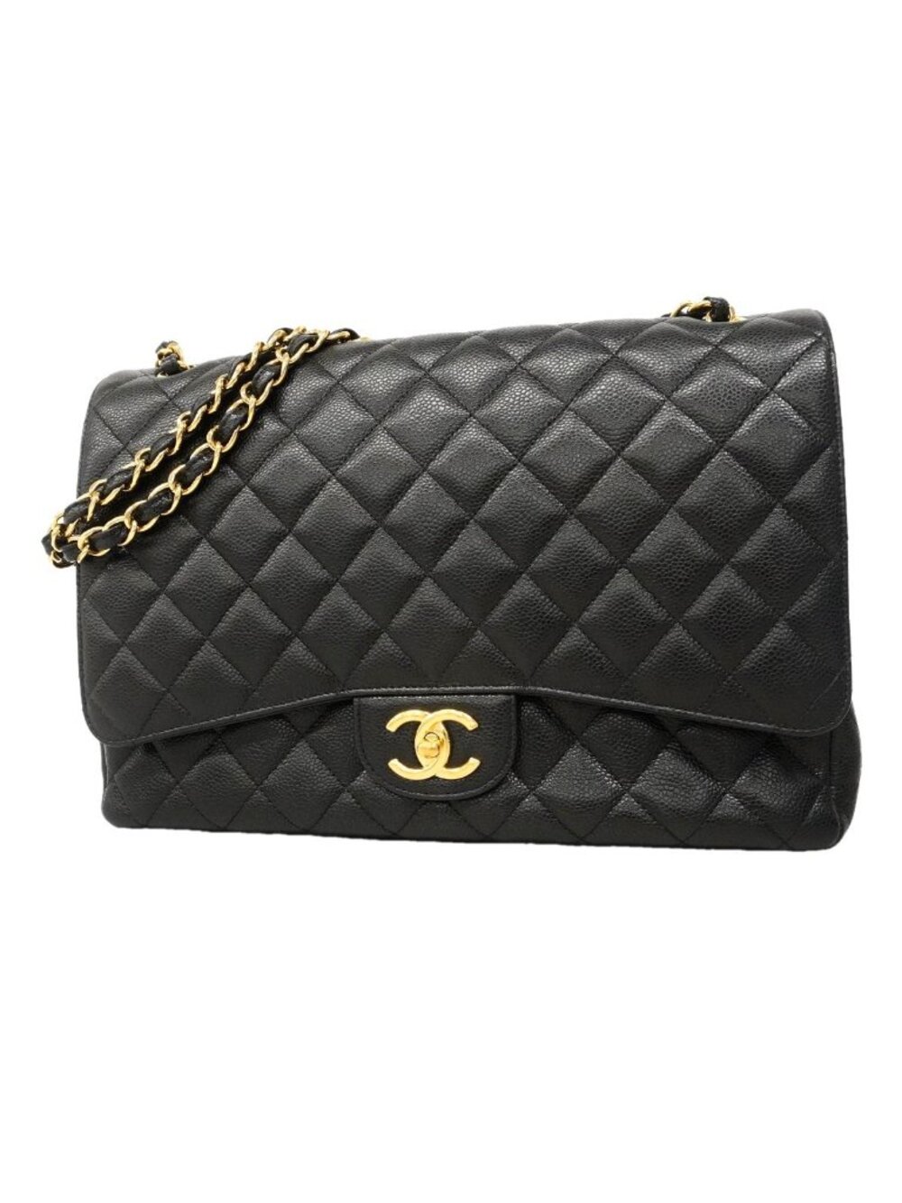 Chanel Shoulder Bag Maxi Quilted Caviar Leather Black Gold